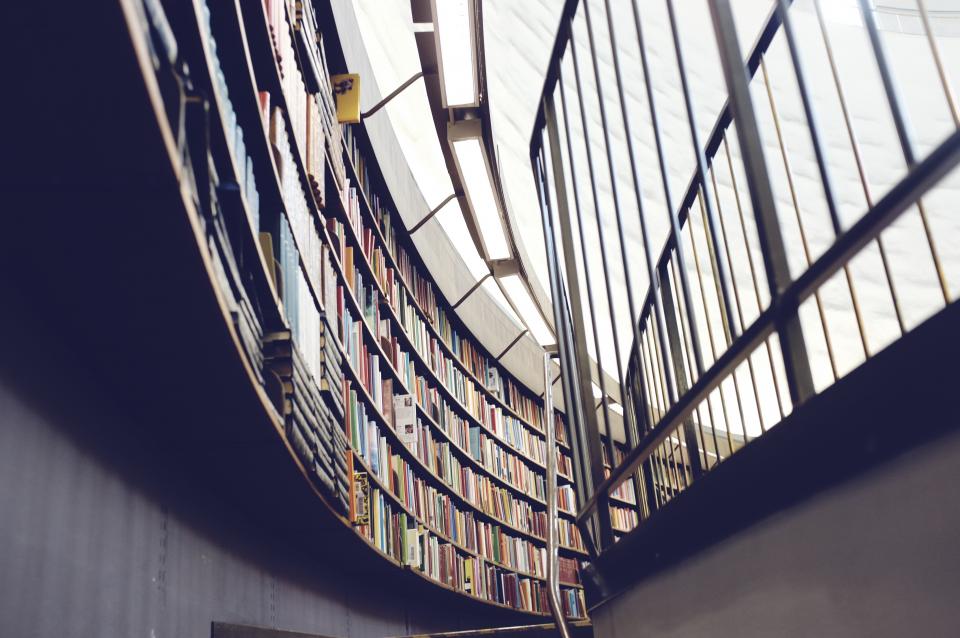 Curved library shelves filled with books